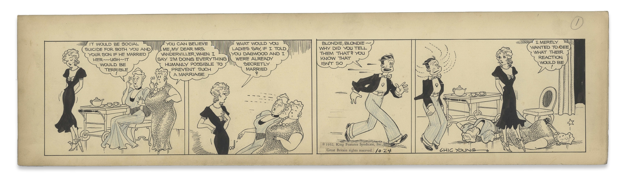 Chic Young Hand-Drawn ''Blondie'' Comic Strip From 1932 Titled ''For the Count of Nine'' -- Blondie Plays a Practical Joke on Dagwood's Mother